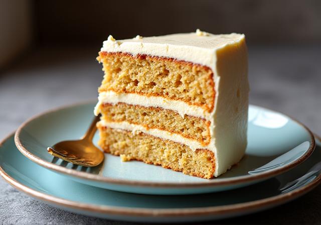 A delicious slice of artisan layer cake on a ceramic plate.